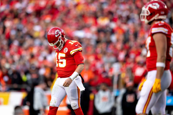 Chiefs quarterback Patrick Mahomes hangs his head after Kansas City was defeated by the Bengals in last year's AFC championship.